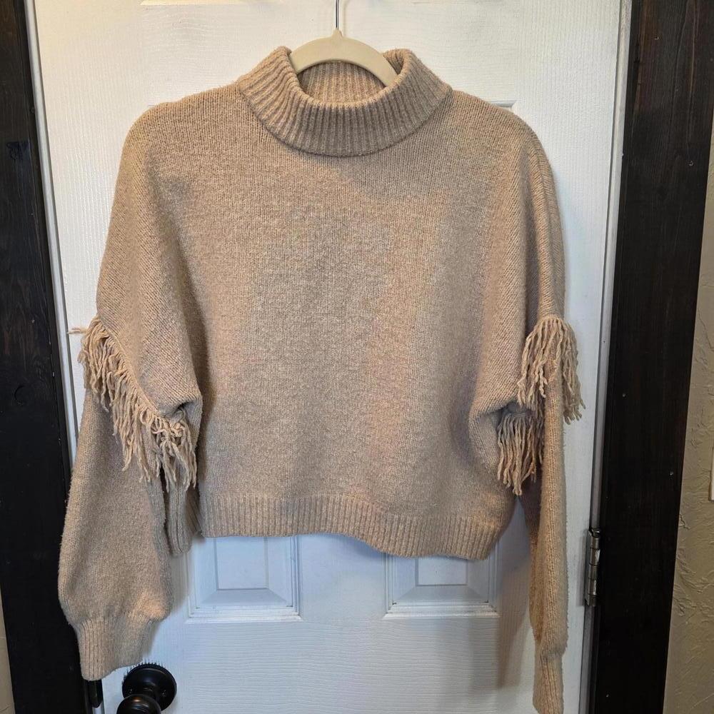 Happily Grey Women's Tan Turtleneck Cropped Sweater w/ Fringe Detail- size Large
